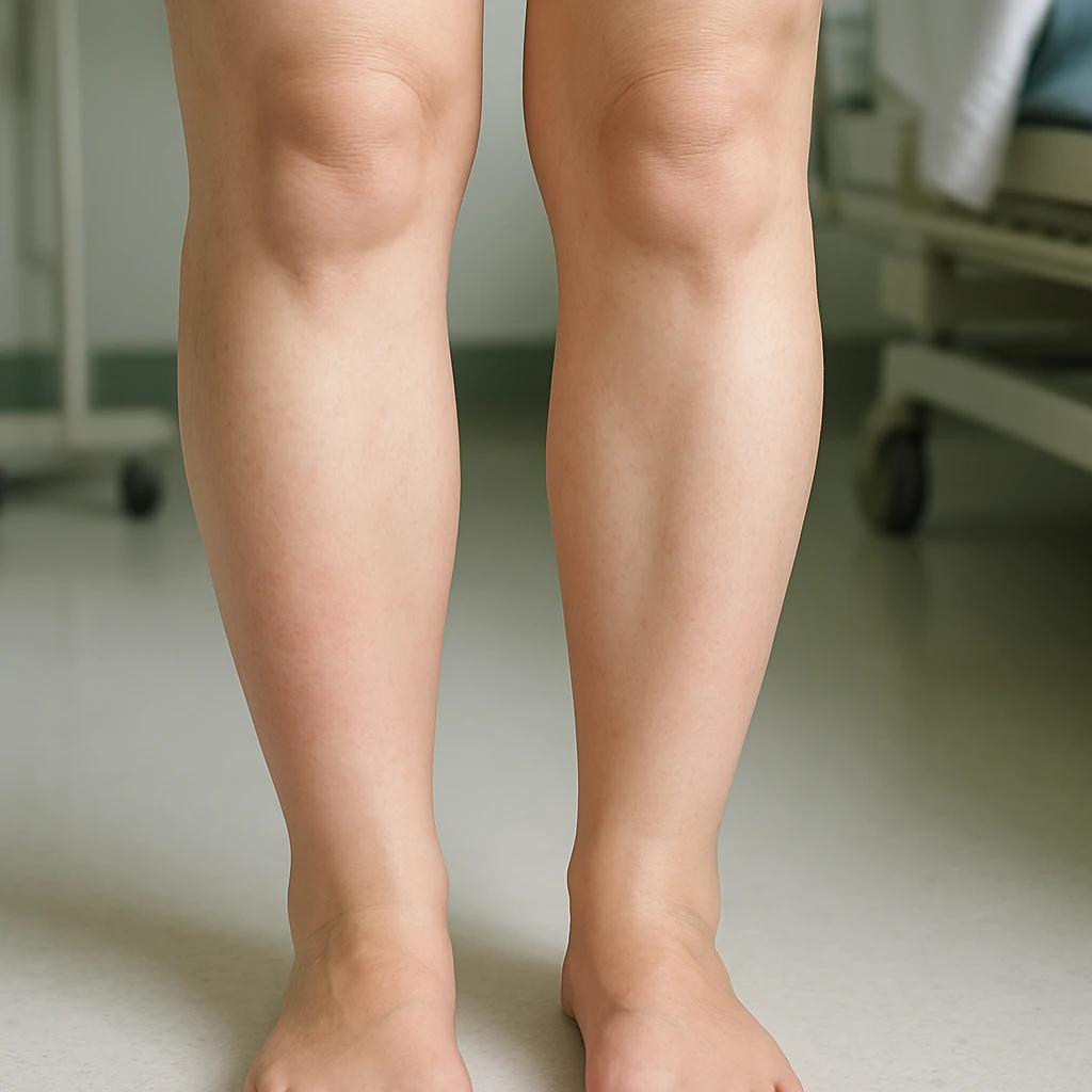 Hyperrealistic human legs in the phase of disinflamation, skin with redness and swelling decreasing, areas gradually transitioning from red to normal, clinical atmosphere, natural light, 4K details. Variant 3, skin almost completely healthy. emoji