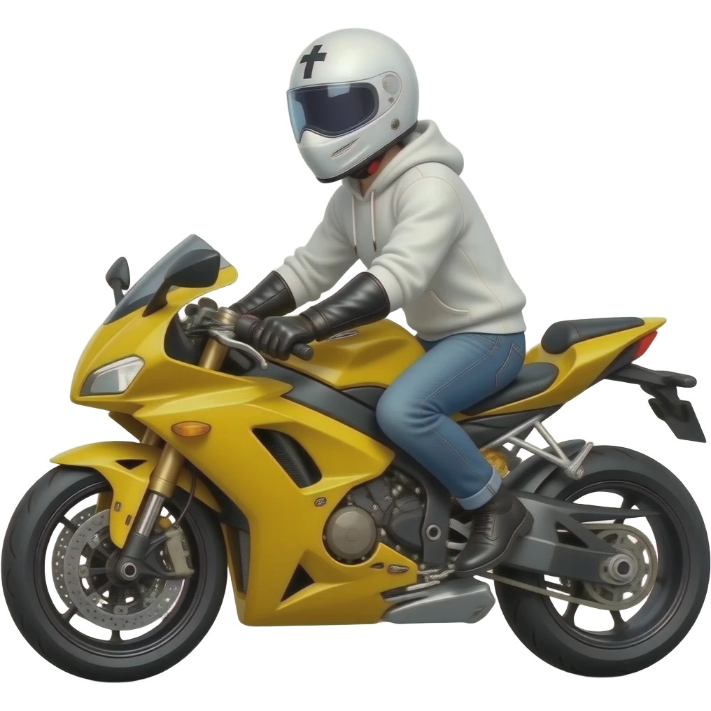 man wearing blue jeans, a white hoodie, black leather gloves, a white crosshelmet with a dark eyes shield and a white mask on a yellow cross motorbike emoji