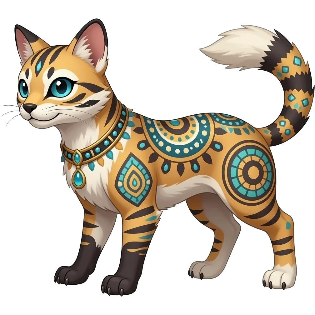 Tribal-patterned unique epic legendary vintage antique aesthetic quadrupedal elegant oriental feral painted fantasy-Civet-Litten-Luxray-Sprigatito-Furret-Sylveon-Fakémon-fusion-hybrid-creature emoji