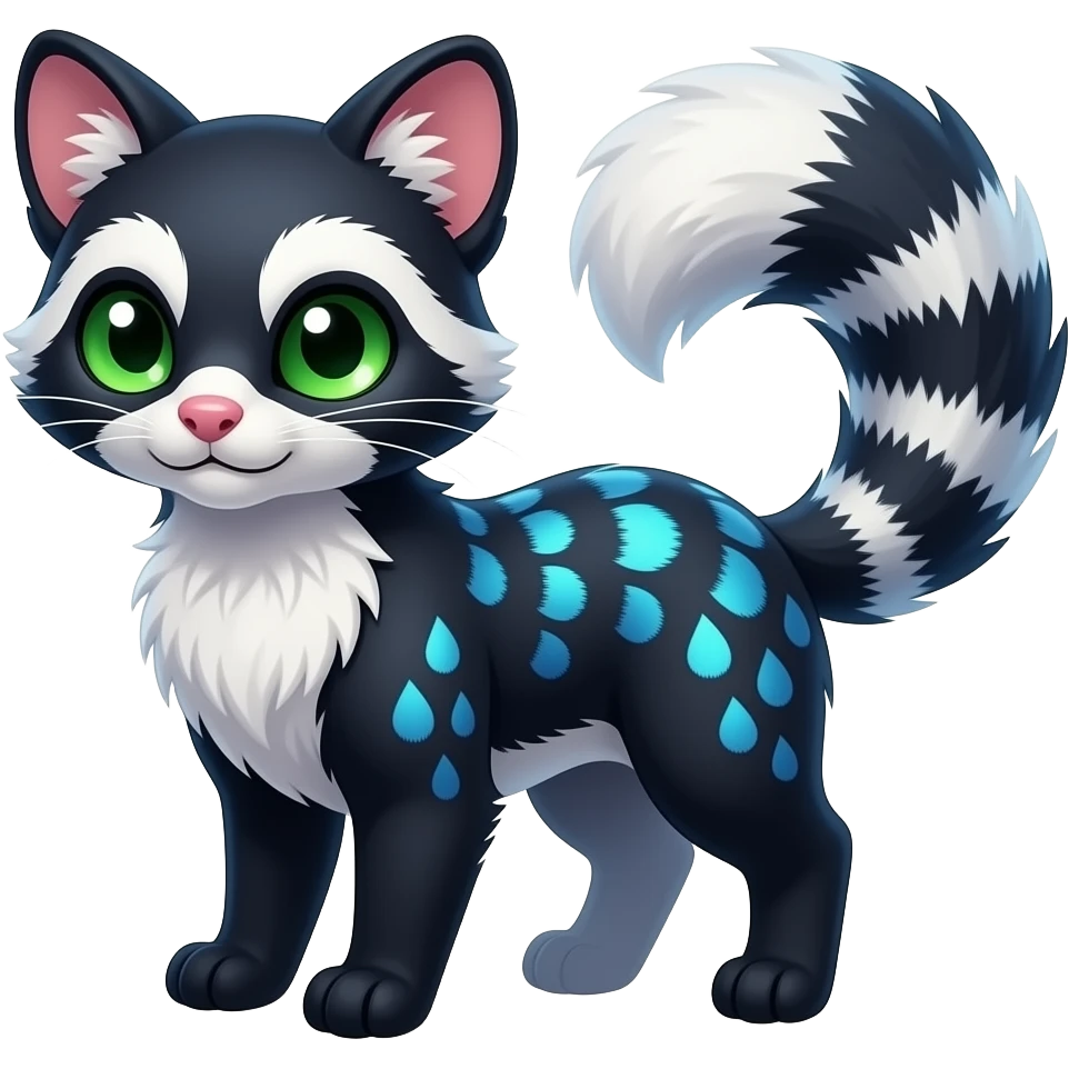 Colorful dark tropical gradient-colored cobalt-blue, black, white fur, with green eyes, iridescent glorious divine exotic cute cool beautiful shiny fantasy-civet-genet-Fionbri-Cacomistle-Furret-civet-oncilla-animal-hybrid-fursona with pattern markings (full body) emoji