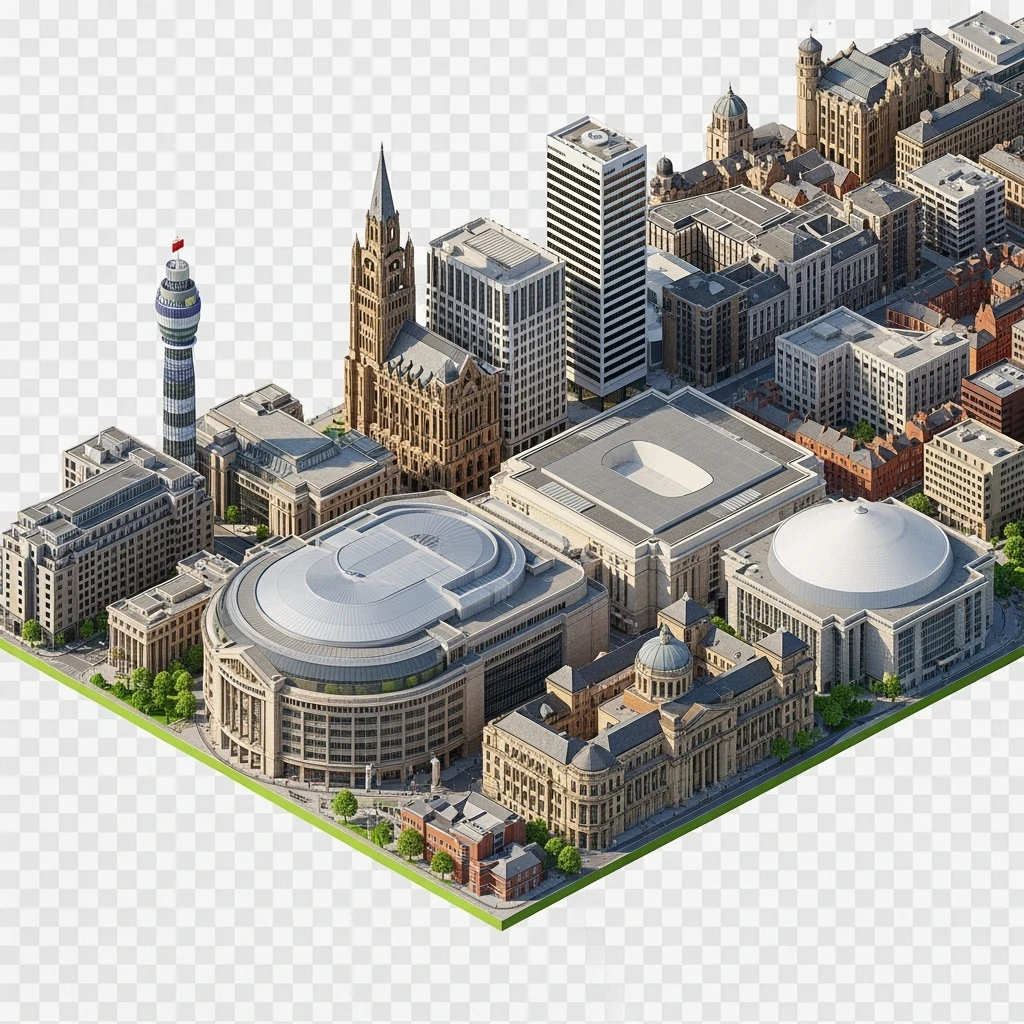 Isometric illustration-model of panorama view Birmingham with photorealistic main buildings, balanced between stylized and realistic, 3D miniature effect, transparent background. emoji