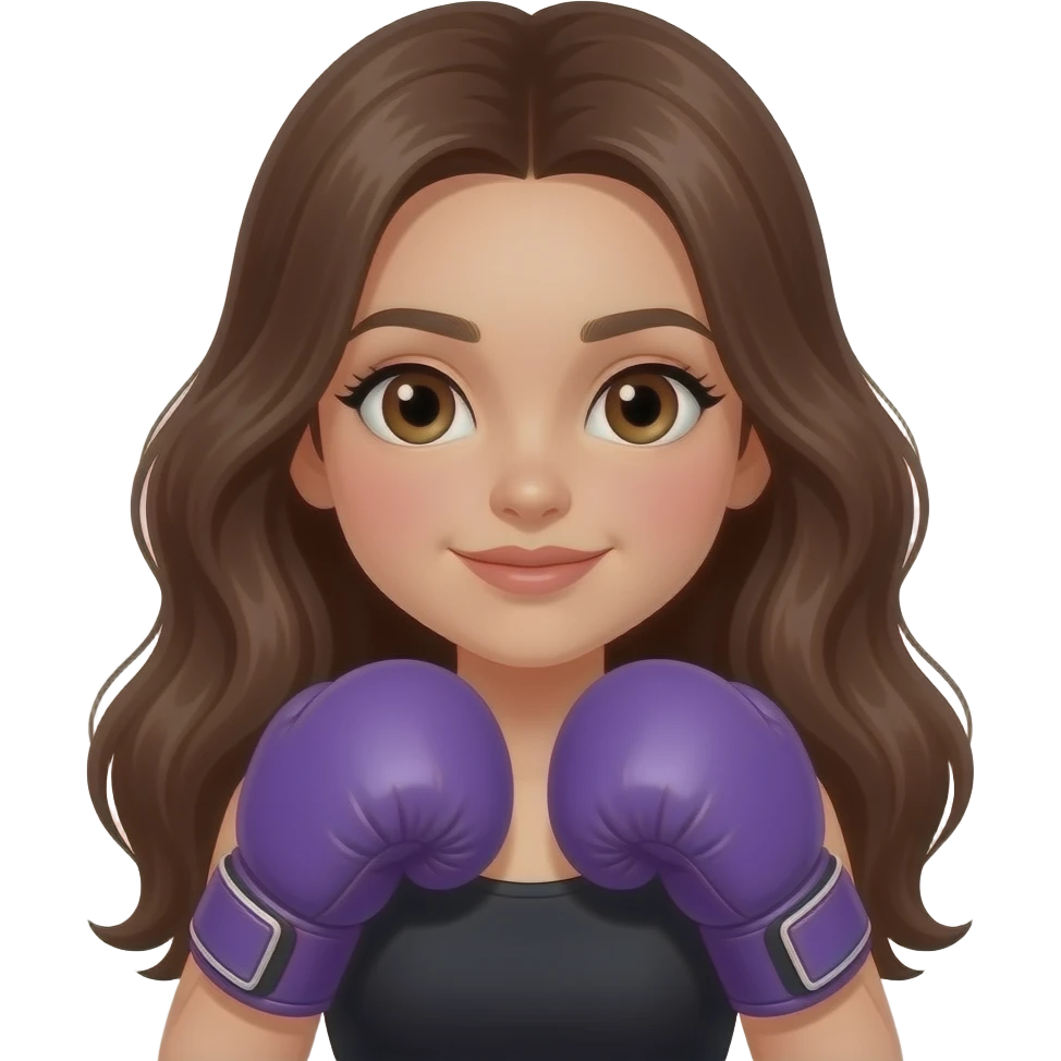 Chica morena  , con ojos cafes , cafe largo con guantes de boxeo morados emoji