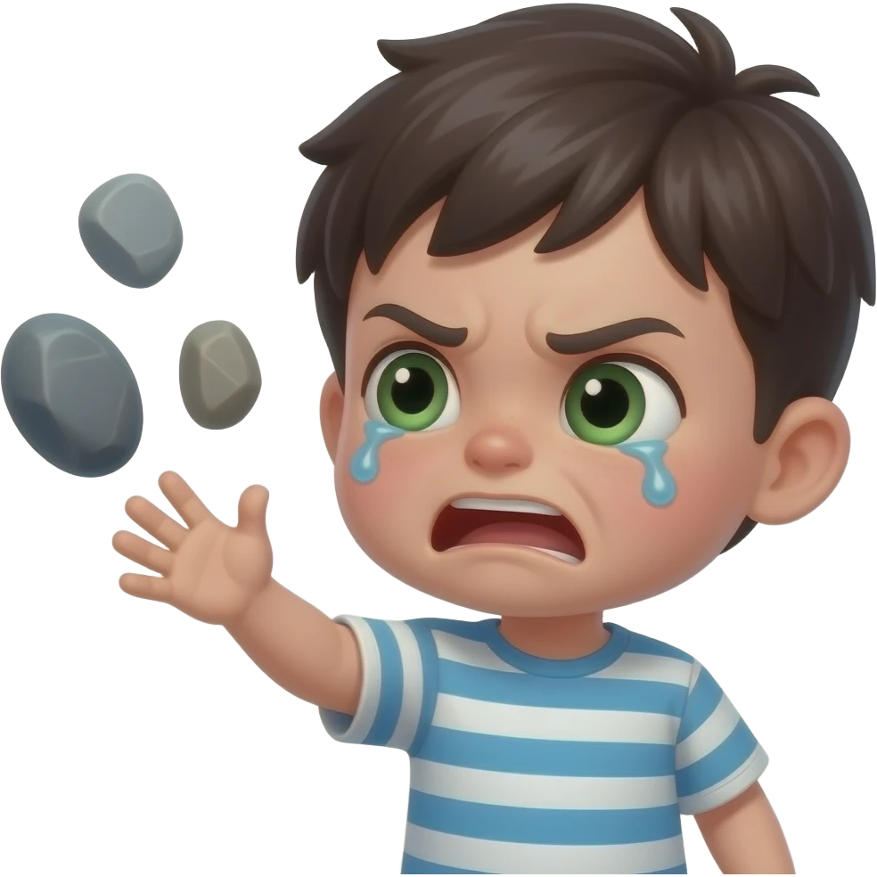 Little slim dark haïr boy with dark green eyes sending big stones with very angry face, crying emoji