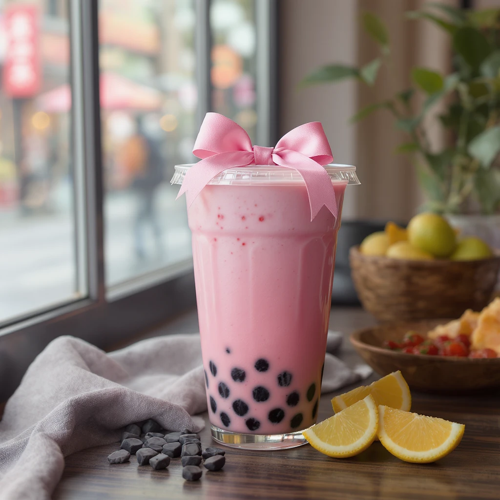 photorealistic elegant pink bubble tea with a bow, no background, transparent emoji