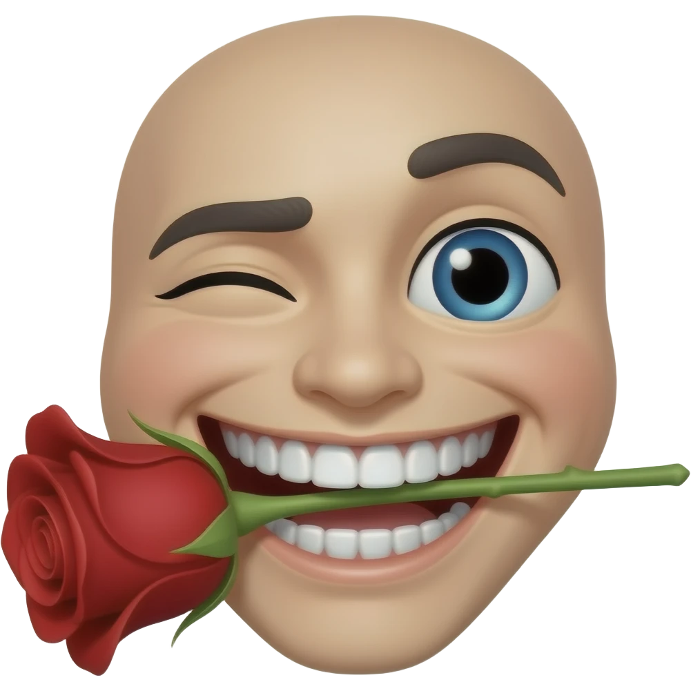 Glossy yellow round classic emoji face with a flirtatious smirk, wide toothy grin, one eyebrow raised, half-closed blue eyes. Holding a red rose with green stem in its mouth. Smooth shiny 3D cartoon style, high detail, white or transparent background. emoji