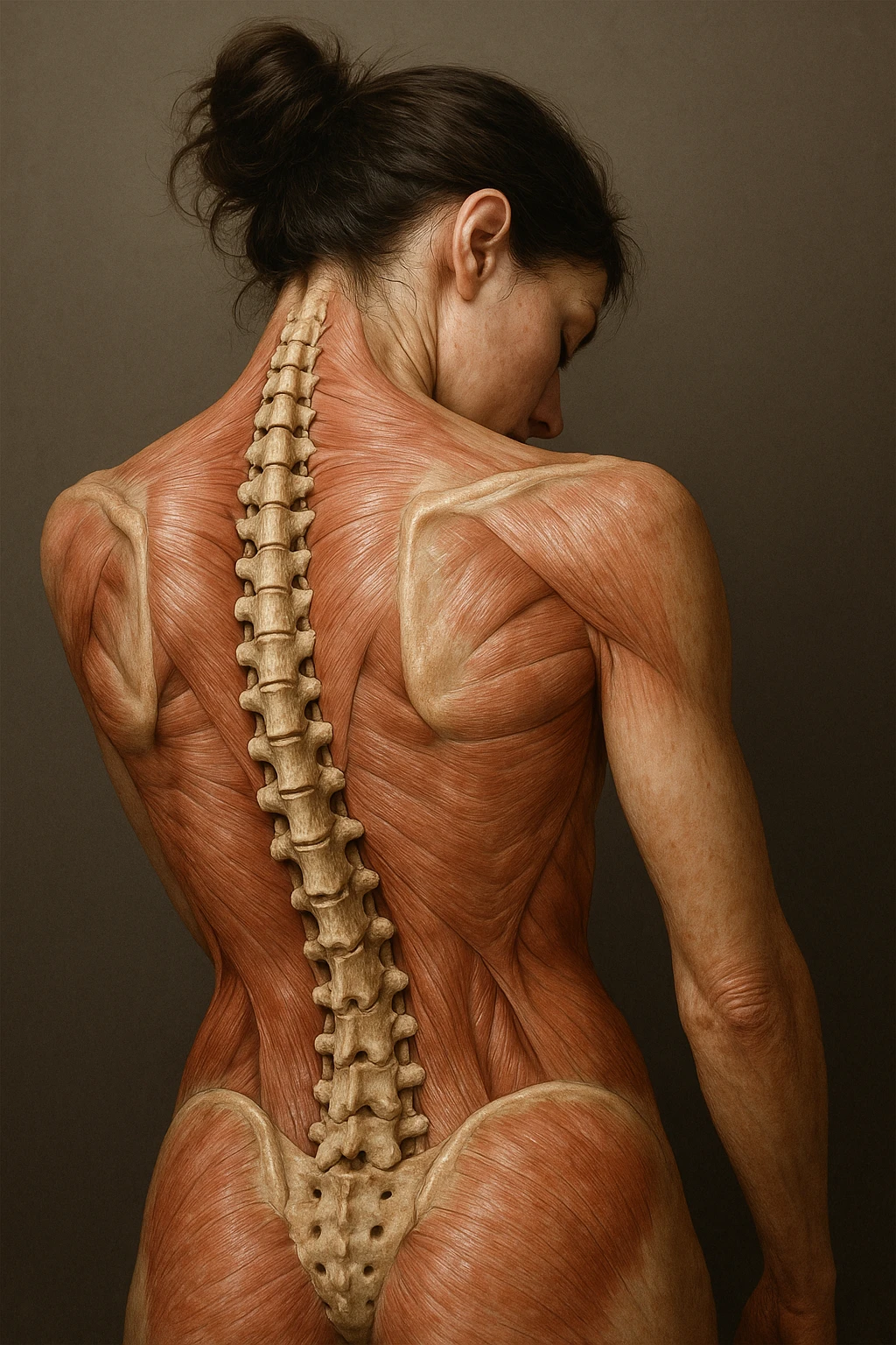 CORPO UMANO ANATOMICO di una donna con spalle chiuse e postura incurvata, spina dorsale in evidenza, IPERREALISTICO 4K emoji