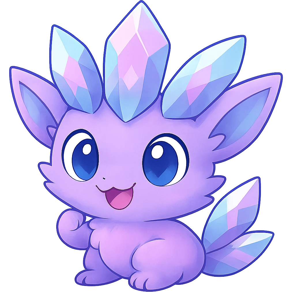 Create a chibi kawaii crystal sprite creature with a crystal tail in pastel purple, blue, and pink colors. The creature should have a happy and excited expression. Remove the background. emoji