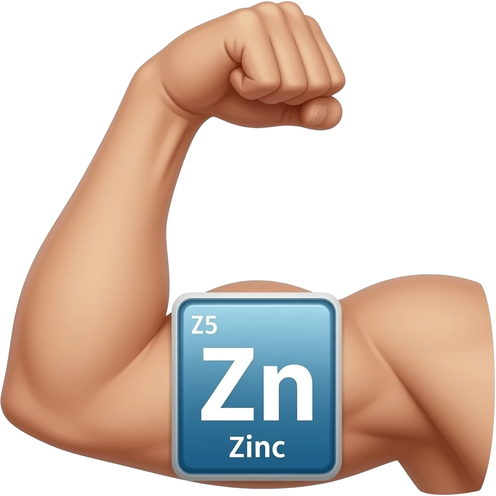 a healthy arm flexing his muscle with the periodic table of elements Zn zinc between hand and biceps emoji