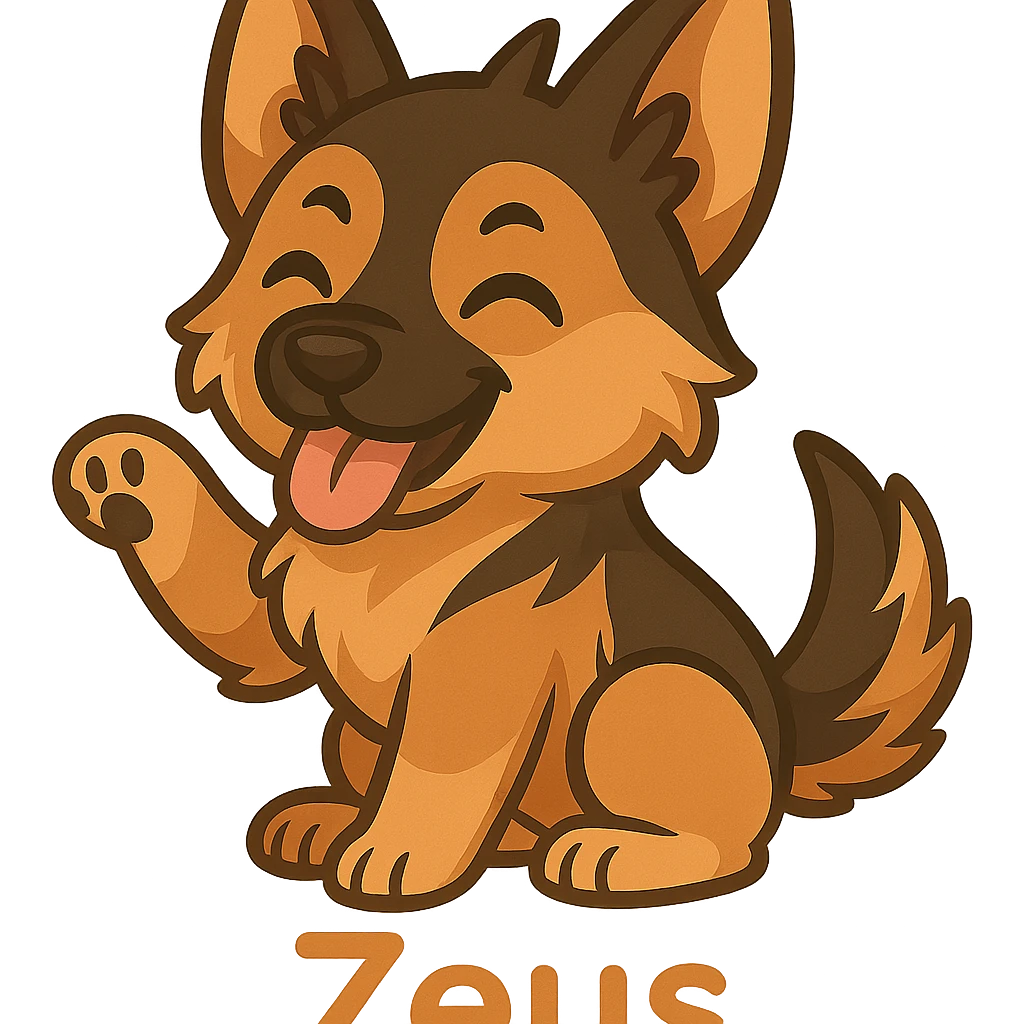 Make the background translucent/transparent, keep the chibi German Shepherd dog and the name 'Zeus' exactly as in the reference image. emoji