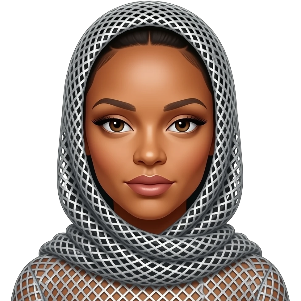 rihanna wearing mesh shimmery silver grey headscard emoji