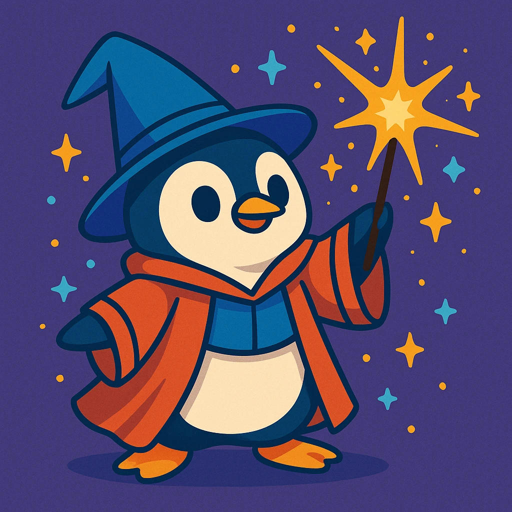cute penguin wizard casting a spell, wearing a robe and holding a wand, magical sparkles around emoji