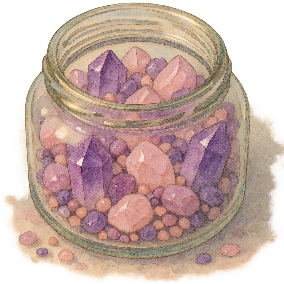 realistic amethyst and rose quartz crystal pieces in an open glass jar, different shapes and sizes, pretty small pebbles, mixed together, natural colors, soft, fairy-like atmosphere, no background, square size emoji