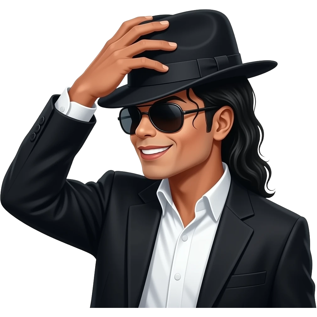 Michael Jackson mysterious half grin with his palm on top of his hat wearing shades side profile all black suit emoji
