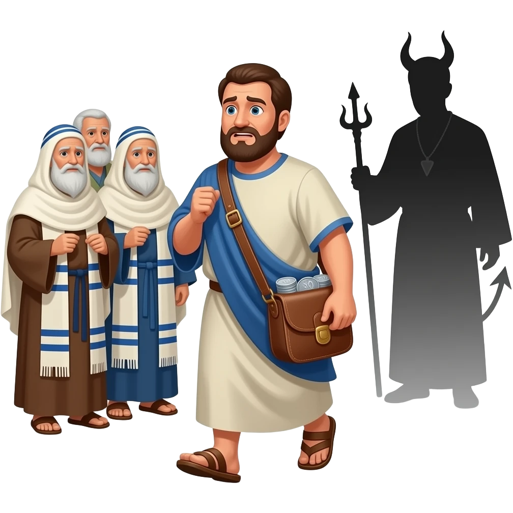 A full bodied short hair man, wearing old clothing from biblical times , carrying a sack of 30 silver coins with a nervous look on his face , walking away from old Hebrew religious leaders and Satan lurking near by emoji