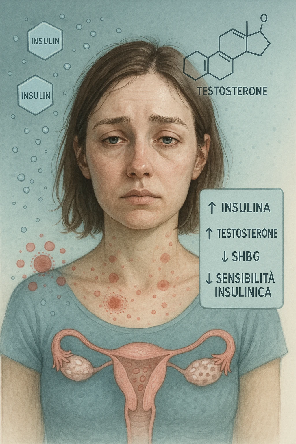 Donna tra i 25 e i 35 anni in primo piano, con espressione affaticata. Intorno al suo corpo appaiono in modo stilizzato e simbolico squilibri ormonali: molecole di insulina in eccesso fluttuano attorno, androgeni (testosterone) evidenziati sopra la testa, segnali visivi di infiammazione cronica lieve. Sopra le ovaie (visibili in trasparenza) compaiono piccole cisti multiple. Accanto a lei, un diagramma stilizzato mostra: '↑ Insulina', '↑ Testosterone', '↓ SHBG', '↓ Sensibilità insulinica'. L’atmosfera è scientifica, educativa ma empatica. Stile realistico con elementi infografici fluttuanti e colori freddi ma puliti. emoji