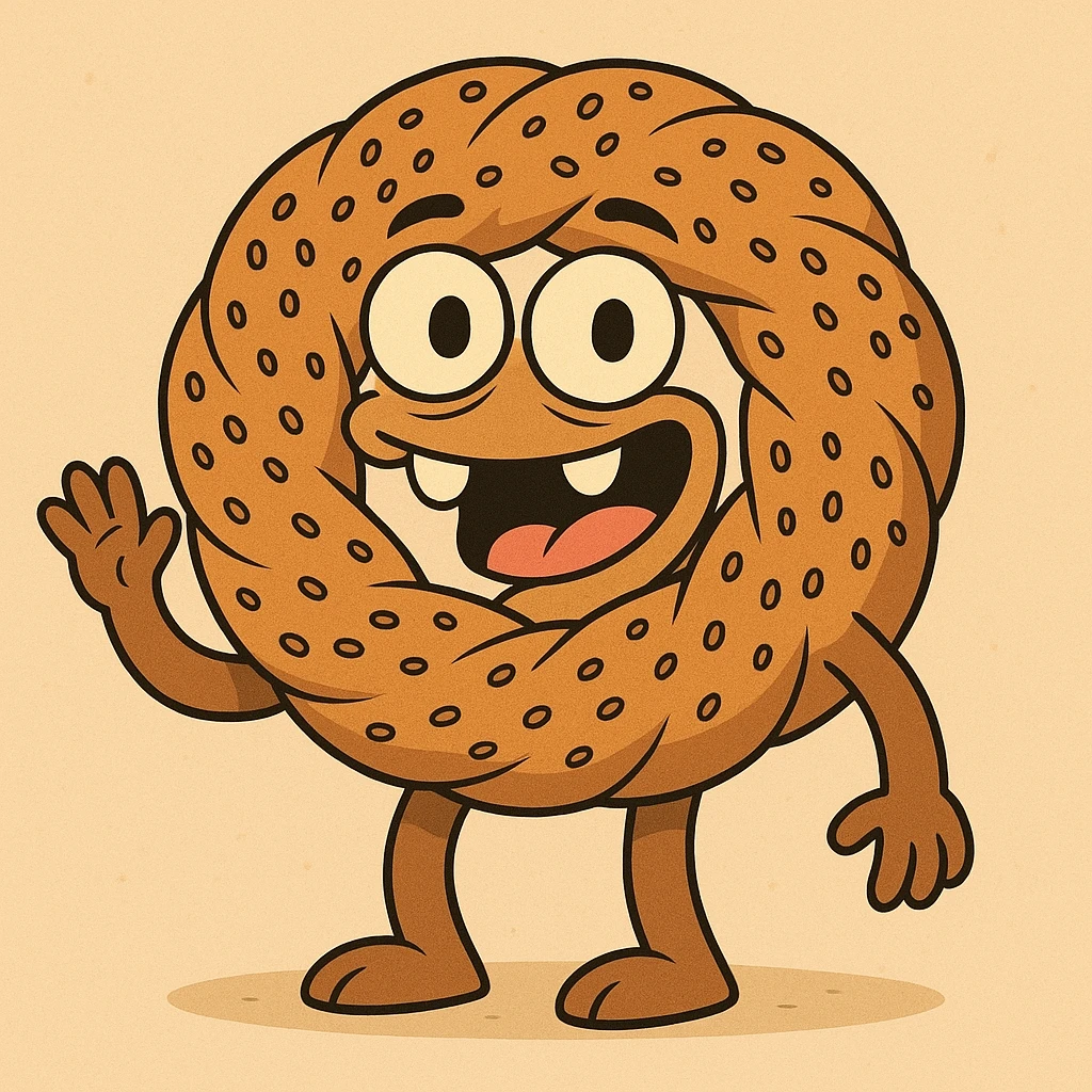 cartoon Turkish simit monster with a simit as its head, goofy teeth, playful eyes emoji