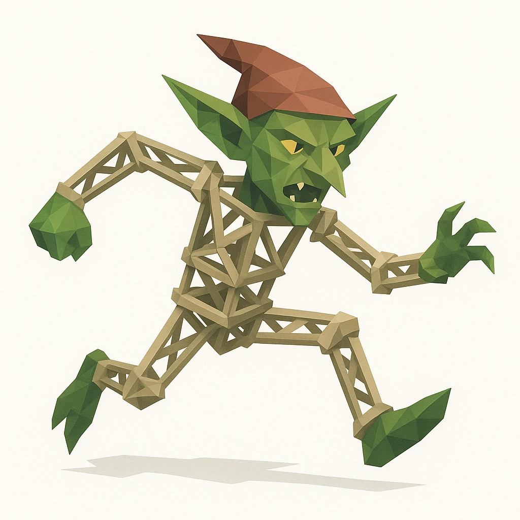 a fantasy goblin character with limbs and torso formed from lattice truss elements in a dynamic pose, white background emoji