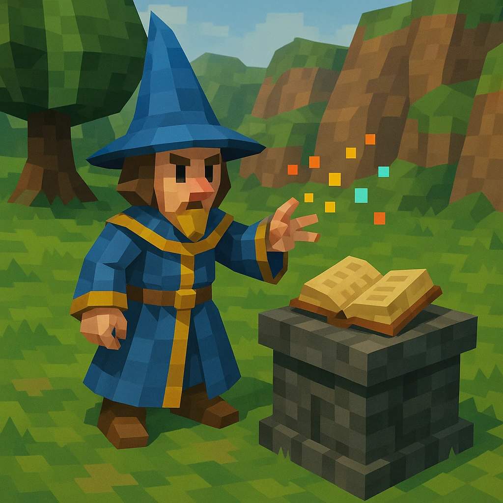 Mage casting particles near an enchantment table.
 emoji