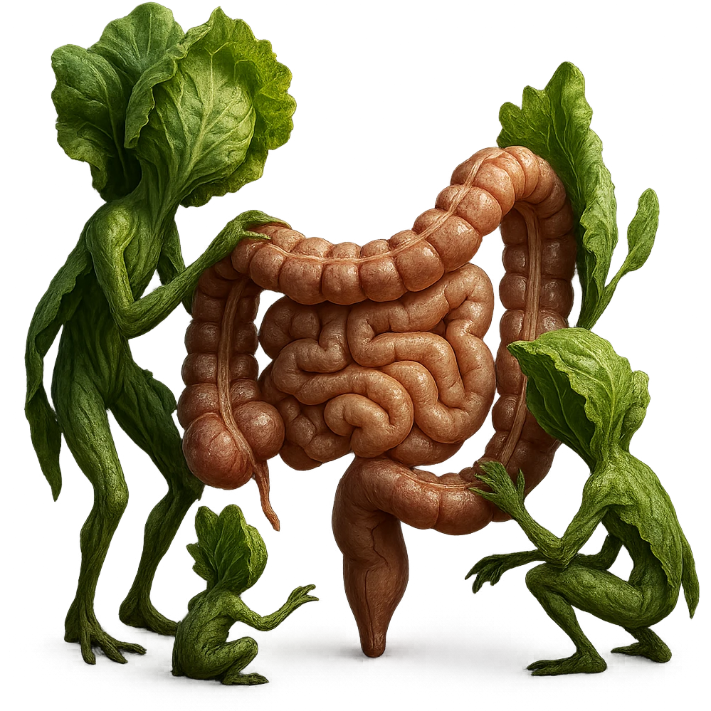 Ultra-realistic 4K illustration: stylized lettuce leaves depicted as plant-like creatures interacting with a human anatomical model of the intestine. The scene is surreal and scientific, with organic textures, refined biological details, dramatic lighting, and a bio-fantasy photorealistic style emoji