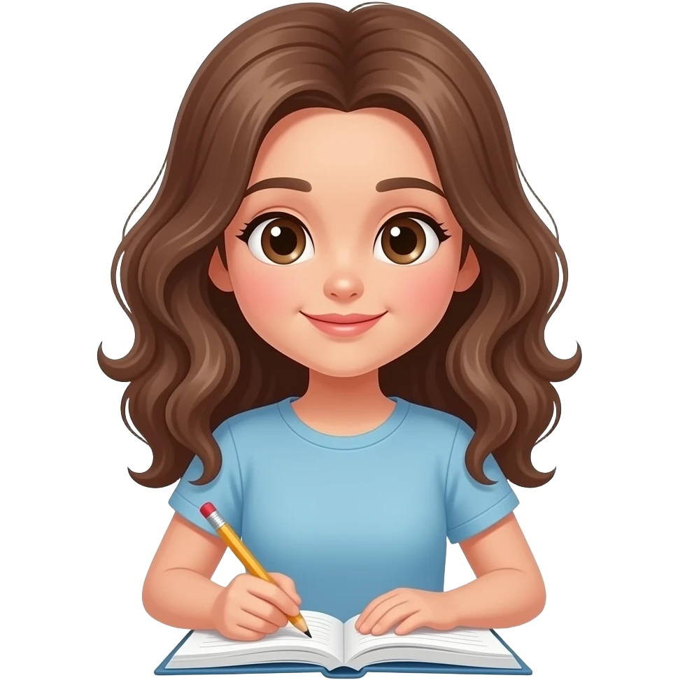 Chica con momole cabello castaño estudiando con libreta y lápiz a la mano color de piel clara emoji