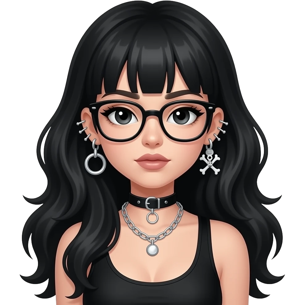 Cool girl in black, whole upper body in sitting state, long hair with volume , black eyes with small eye liner, with chain piercing earrings from helix to lobes (that has skeletons looking like crossing) and glasses emoji