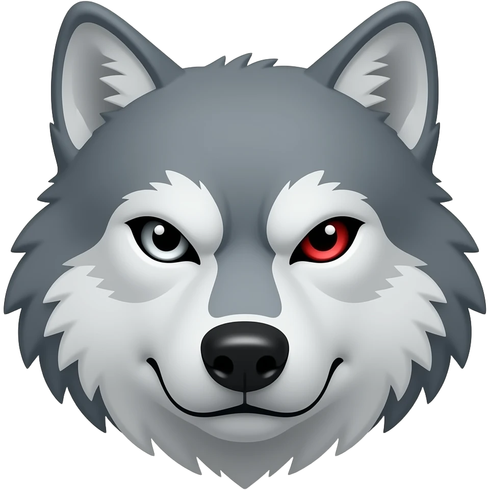 Angry gray wolf with visible red eye only face and small emoji