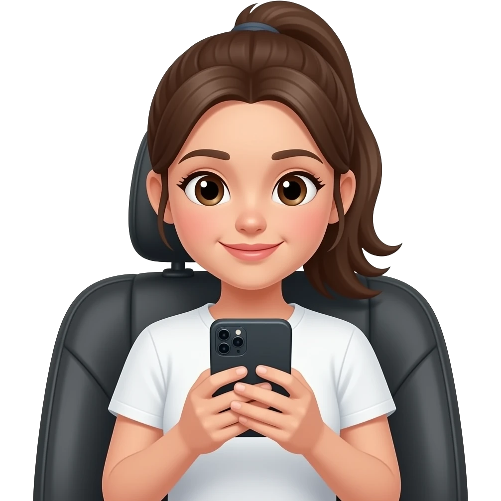 A girl with a pony tail, white t shirt looking at her phone in the car emoji