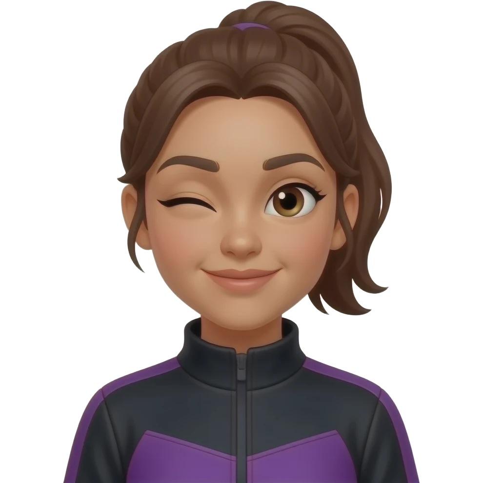 girl winking ey in black and purple tracksuit  - brown hair in a ponytail a little darker skin tone emoji