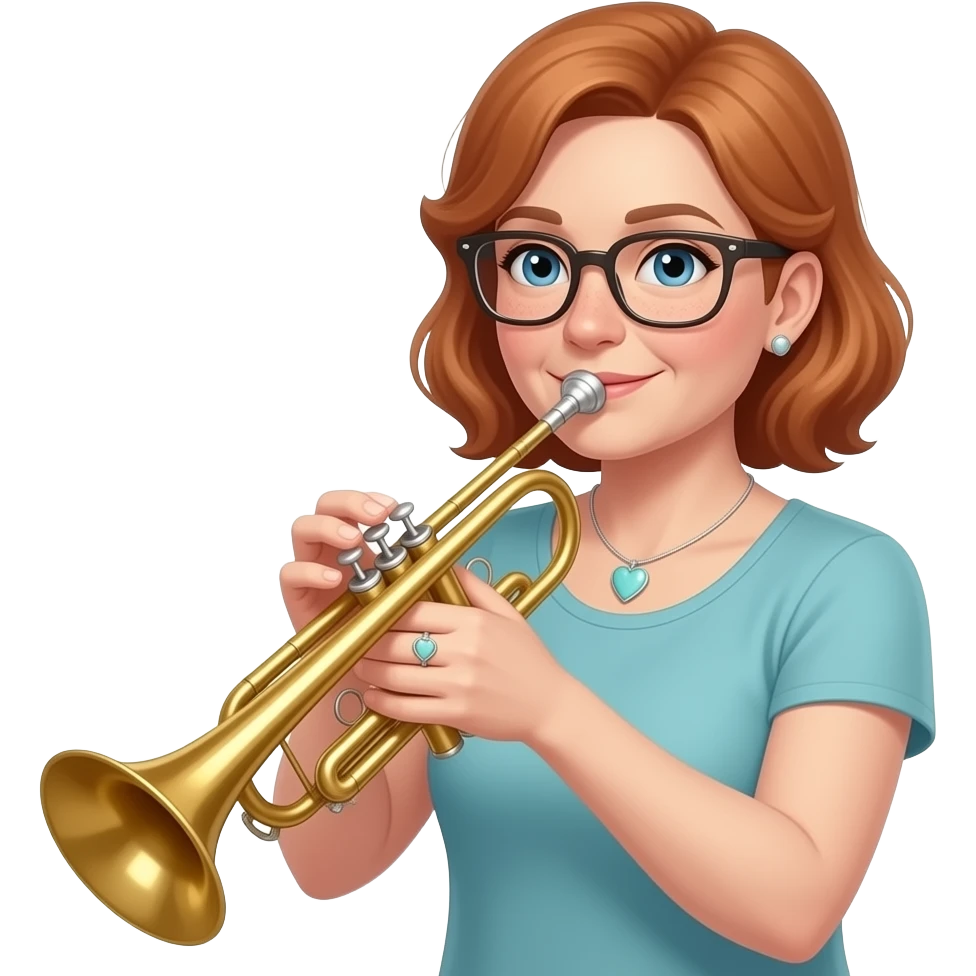 AJM - woman, mid 40's, pale ginger hair, blue eyes, engagement ring, small silver earrings, rectangle glasses, freckles, tiffany heart necklace, hobby playing brass emoji