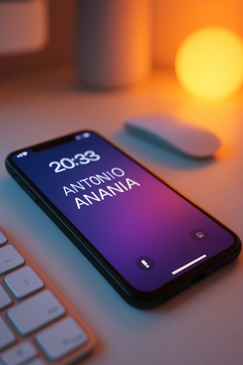 A photo of an iPhone on the desk with the message "Antonio Anania" on its screen, The phone sits atop a desk with a blurred background that suggests work environment. A faint glow from above casts gentle shadows across the surface of each object, creating depth and highlighting their textures emoji