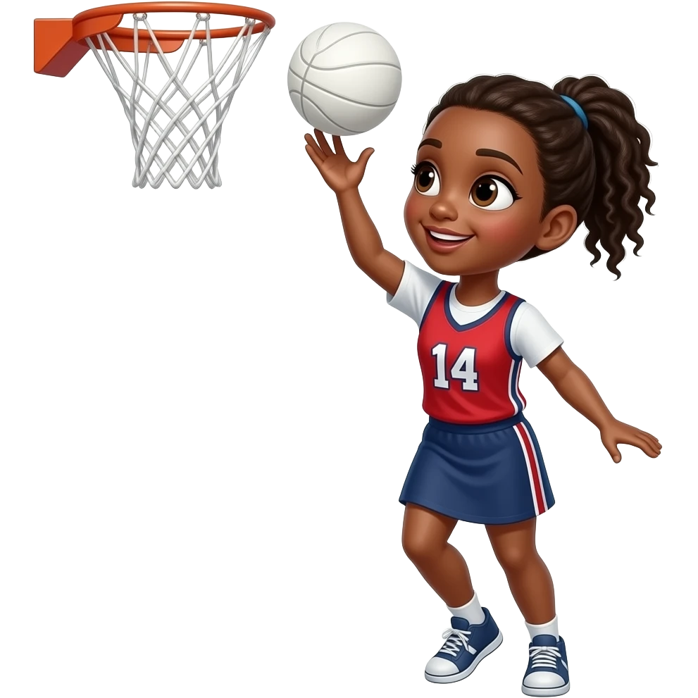 create a black girl throwing a ball into a basket ball net but with no back board so just the net. She is wearing a sports vest and skirt. The ball needs to be white, like a netball. Remove the board, only show the girl,and the basket emoji
