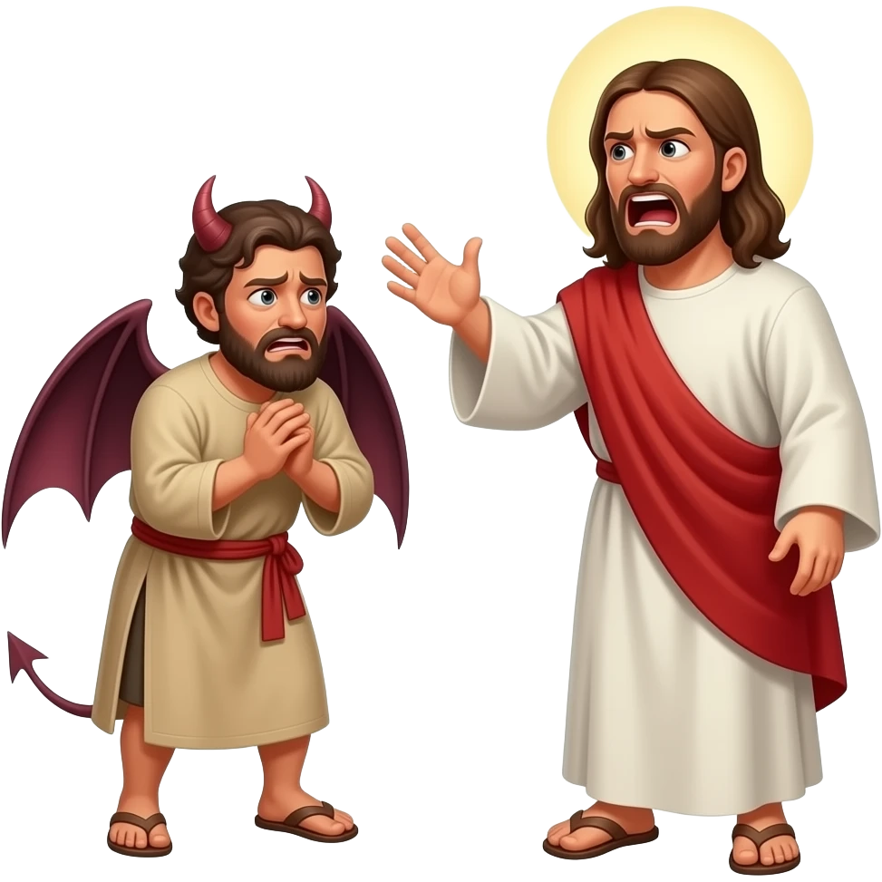 Jesus angry yelling at an intimidated demon that is oppressing a distressed man wearing biblical attire to leave him alone emoji