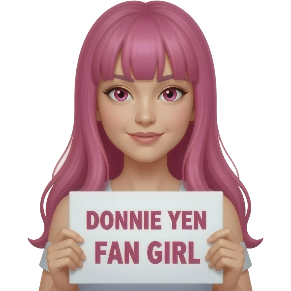 sexy girl with long pink hair and pink eyes holding DONNIE YEN FAN GIRL sign emoji