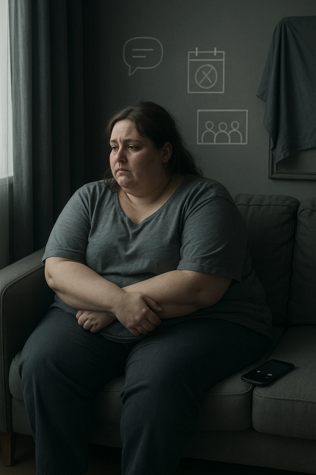 Donna tra i 30 e i 40 anni seduta sola su un divano, con espressione malinconica e corpo visibilmente appesantito. Indossa abiti larghi, avvolgenti, e guarda fuori dalla finestra mentre il telefono è spento o con notifiche ignorate accanto a lei. Sullo sfondo, si notano segnali di vita sociale assente: messaggi non letti, inviti ignorati, foto di gruppo a cui non partecipa. L’atmosfera è silenziosa, con luce grigia e ambiente spento. Intorno a lei, simboli di ritiro e insicurezza: tende chiuse, specchio coperto, postura chiusa. Stile realistico, tono delicato ed emotivo emoji