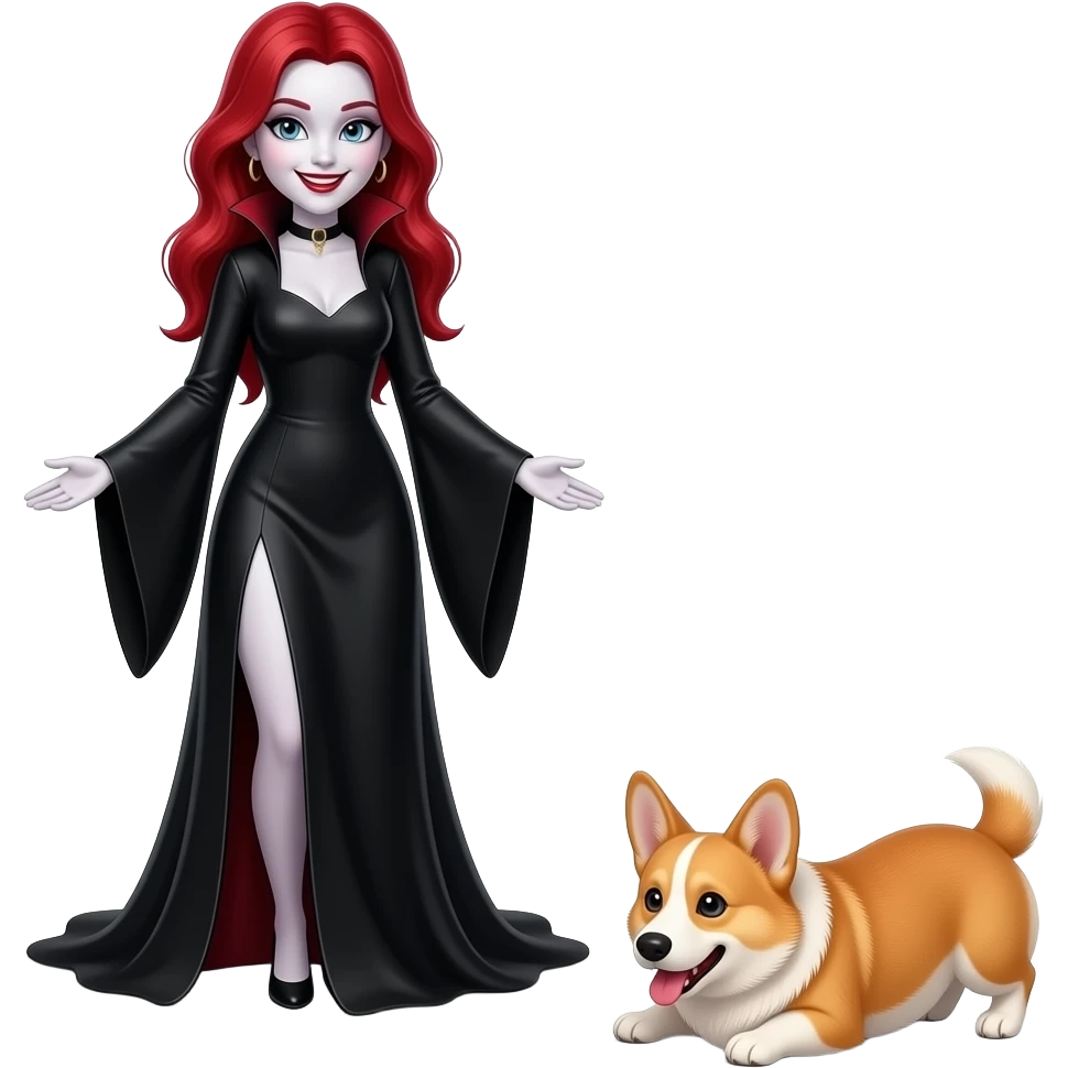 Vampiro femmina ADOLESCENTE con pelle bianca e capelli rossi indossa un vestito lungo nero con le maniche larghe lunghe ed è felice mentre guarda il suo Corgi rotolarsi Va emoji