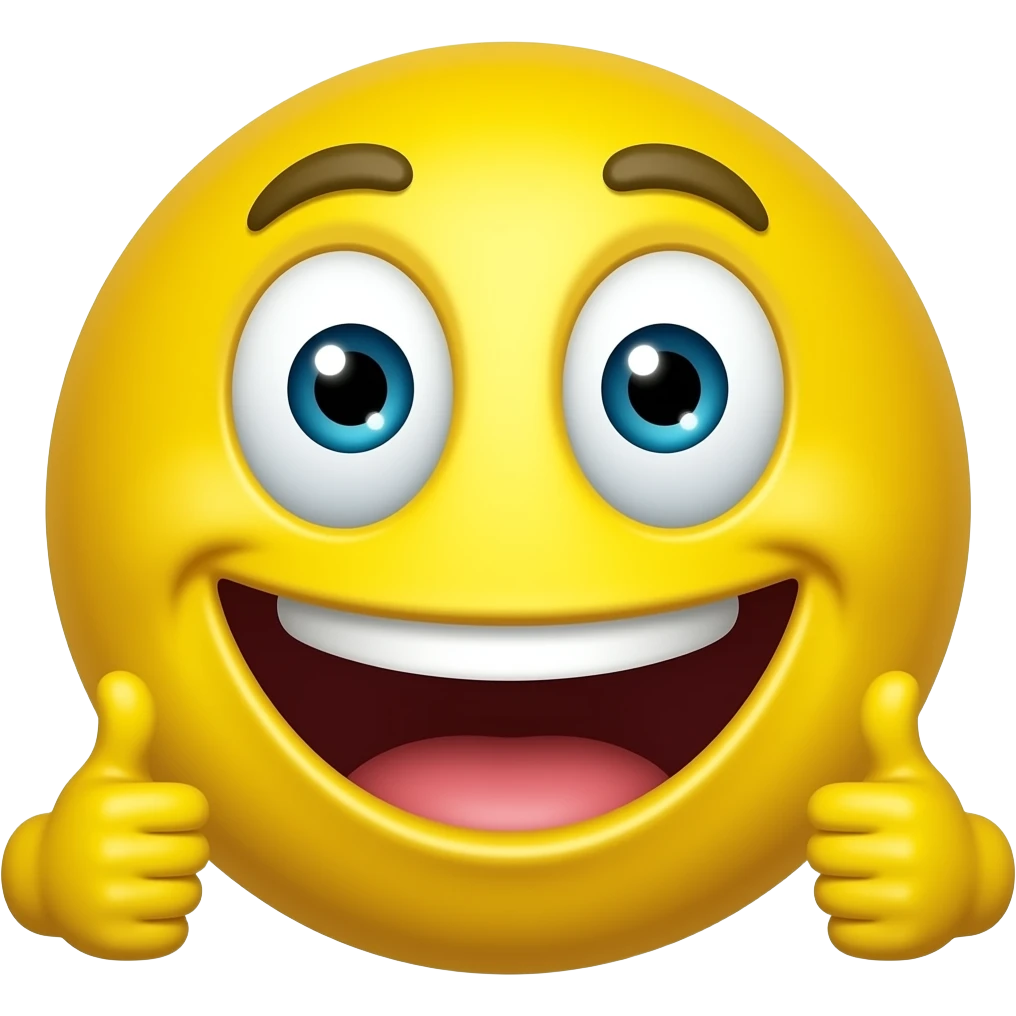 Une emoji jaune tête ronde qui a un sourire énorme des yeux et qui met les deux pouces en avant emoji