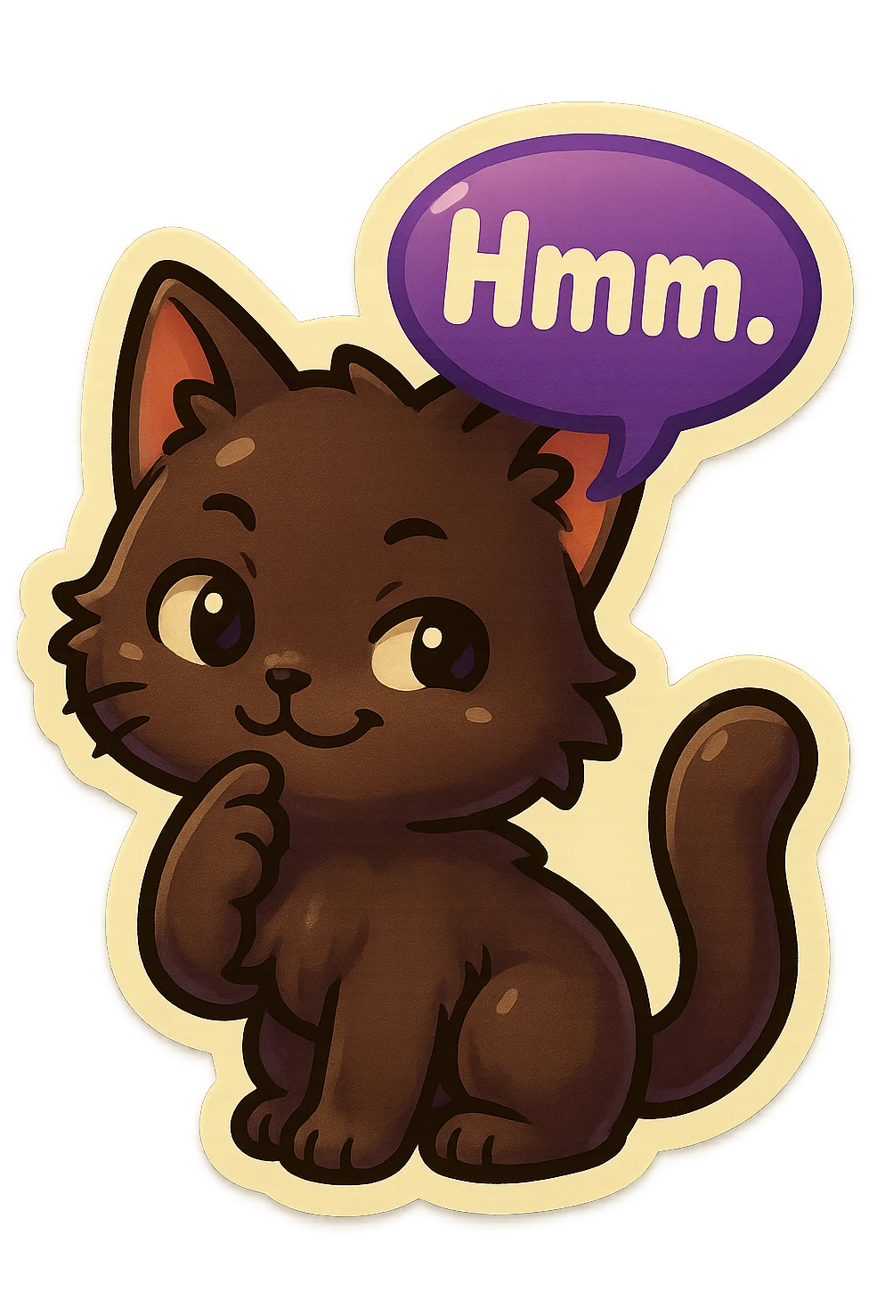 a dark-brown fluffy cute kawaii anime cat thinking smirking thoughtfully, saying “Hmm..” with a purple speech bubble emoji
