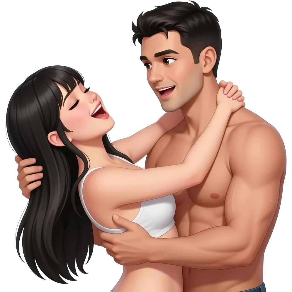 "skinny white girl long straight black hair nude doggy style, slightly tanned slim guy short black hair grabbing her hair, explicit penetration, she moans in pleasure, he looks excited, both naked, realistic emoji