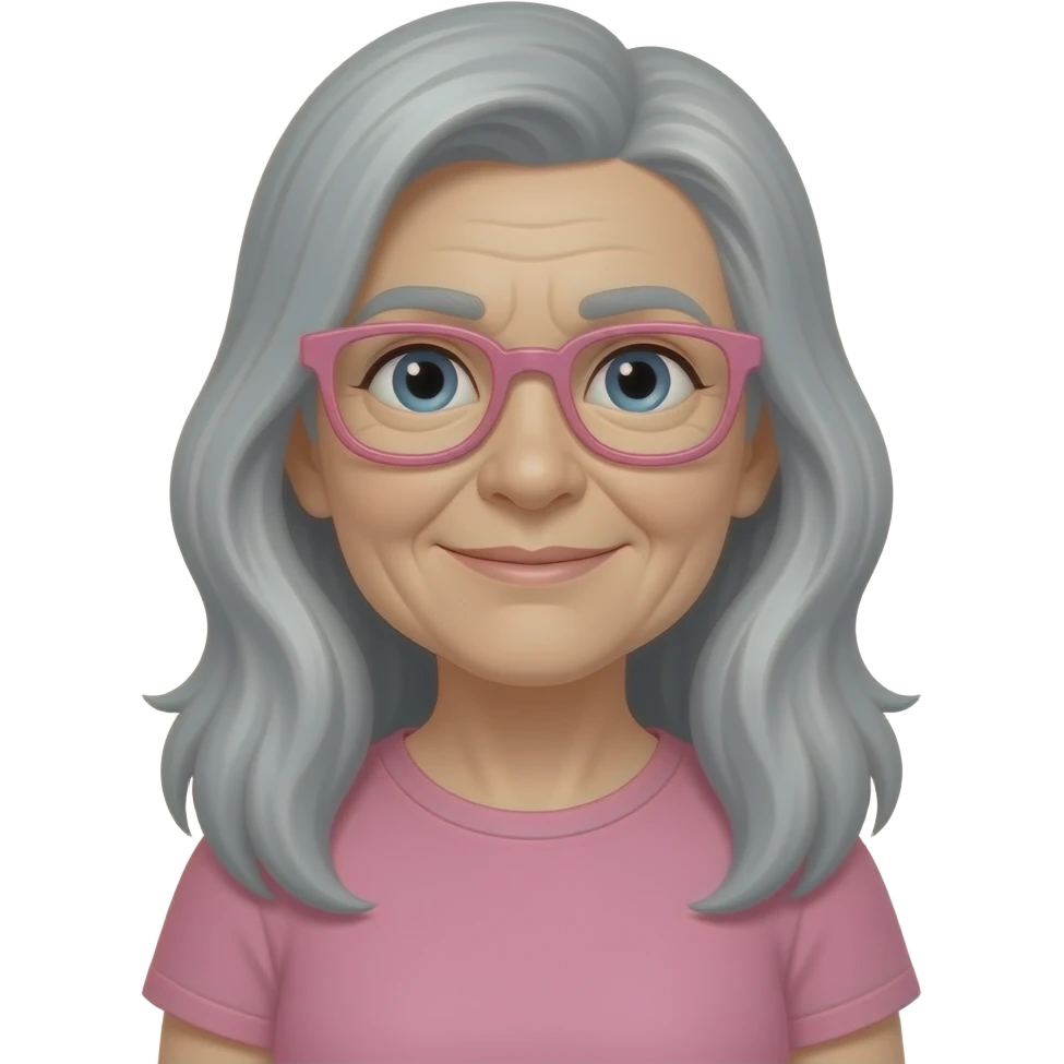 Une femme âgé avec des lunette rose et de long cheveux gris et un nez crochu et un t-shirt rose qui crit emoji
