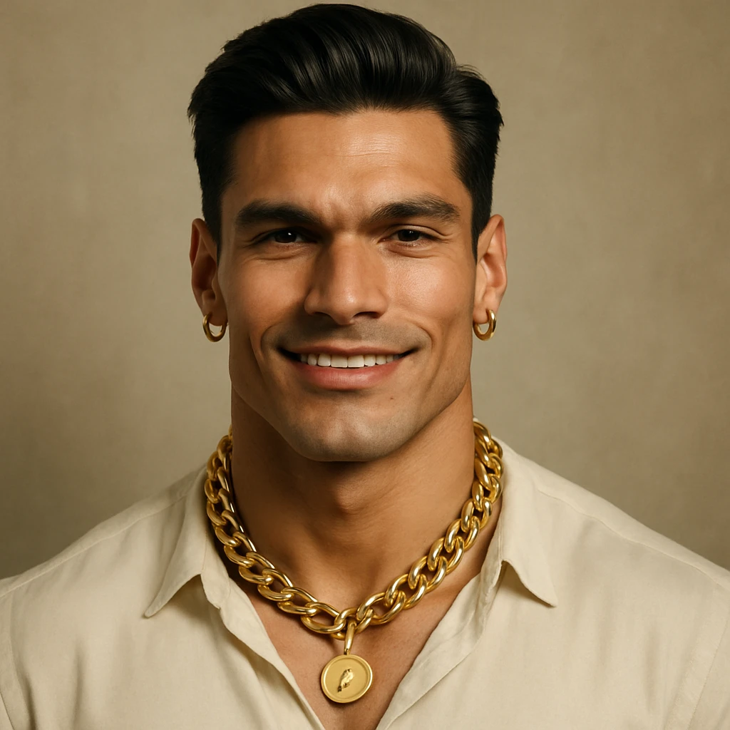 Transform the image into a giga chad style with a strong jawline and confident expression. Use only natural skin tones and realistic features, avoiding any gray colors or shades. Keep the look playful and cool without cartoonish exaggeration, aiming for a realistic appearance. emoji