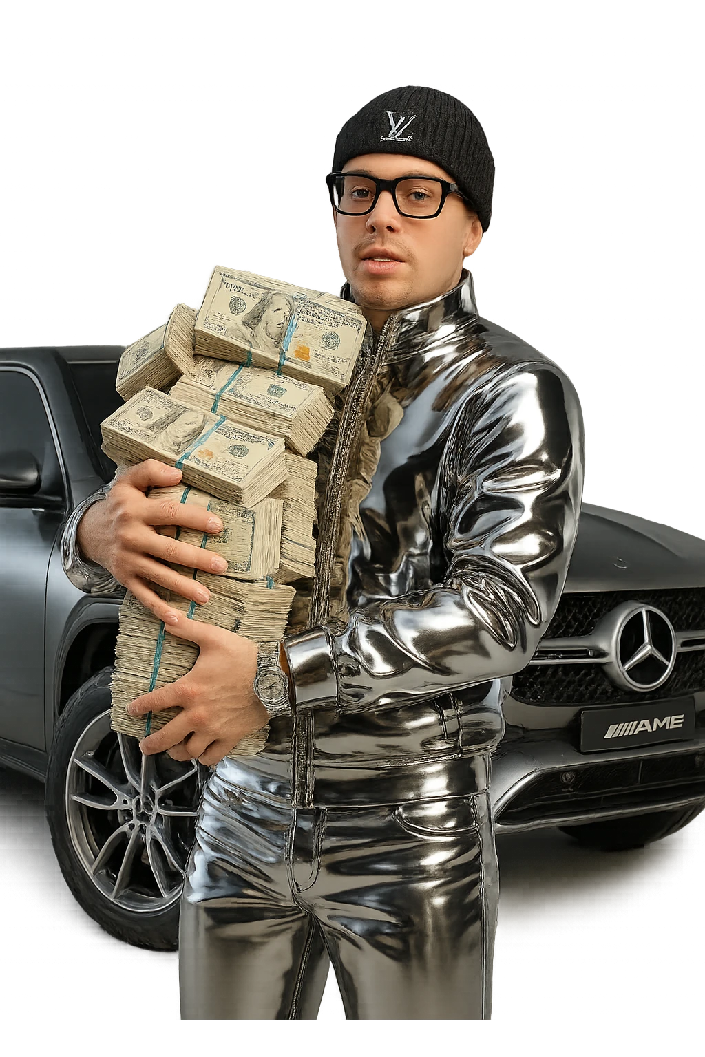 Create a chrome icon version of the person in the reference image with realistic white skin tone and natural facial features. The suit and clothing should be chrome. The hat should be black with an LV logo on top. The person should be holding realistic, full-color US dollar bills. Add Cartier-style glasses. The car behind him should be an AMG model. Only the suit and clothing are chrome; the skin is white and the hat is black with LV. emoji