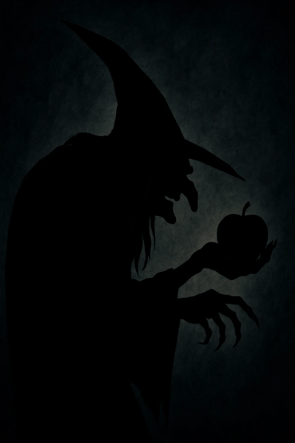 Snow White witch, stylized silhouette, hunched posture, pointed hat, dramatic shadows emoji