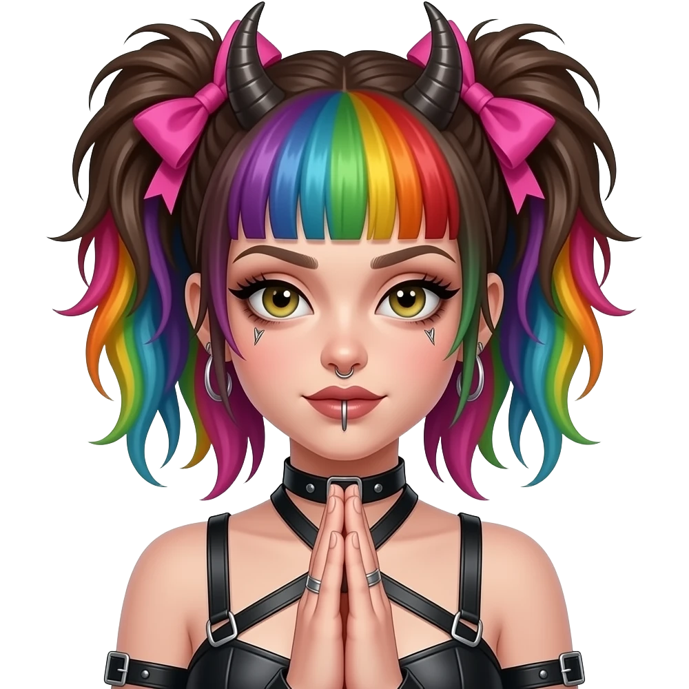 Baphomet babe with thick septum ring and face piercings, messy, washed-out rainbow dyed hair and overgrown brunette roots, styled into two matted, spiky, y2k/alt-fashion buns, styled with frilly girly pink hair bows and bondage while praying to her dear lord and daddy Lucifer down below emoji