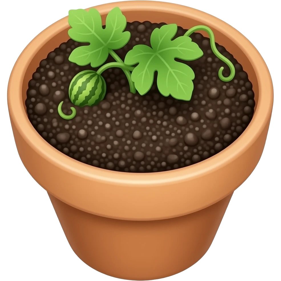 a cute pot with same black dirt and a watermelon vine in it, show the dirt and vine  from the hight point of view and still see the pot emoji