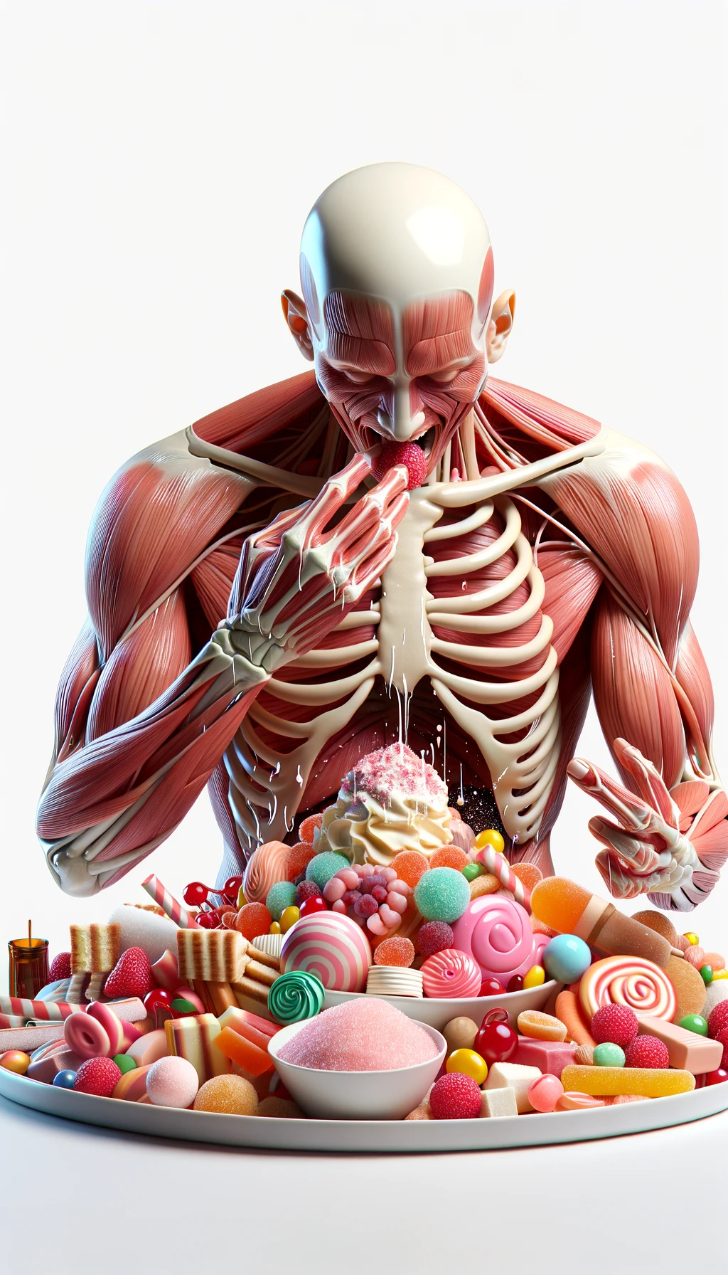 corpo umano anatomico in piedi a figura intera che si abbuffa di dolci e zuccheri, iperrealistico 4k, isolato su sfondo bianco emoji