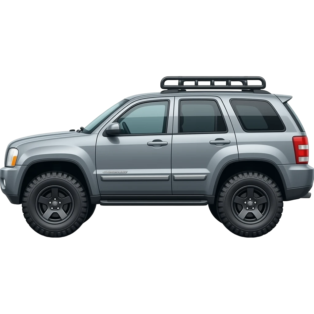 Gray grand Cherokee with offroad tires and roof rack emoji