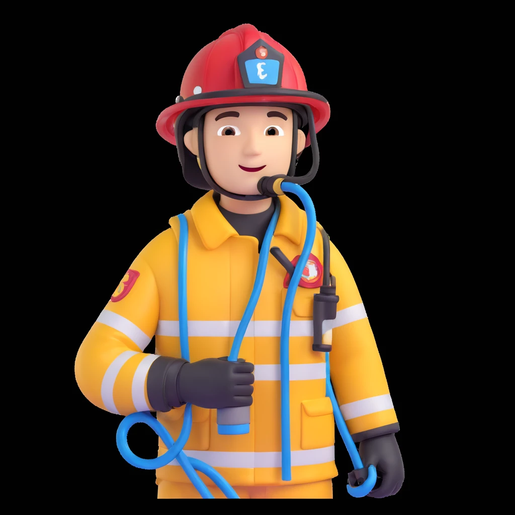 firefighter holding a water hose, shiny helmet, expressive face emoji