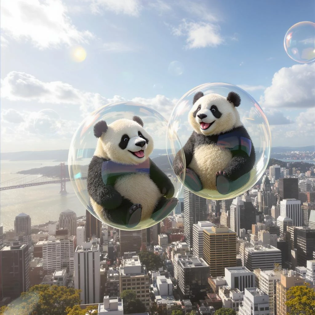 Cinematic still pandas bears sitting inside bubbles flying around San Francisco downtown, sunny summer day, happy vibe emoji