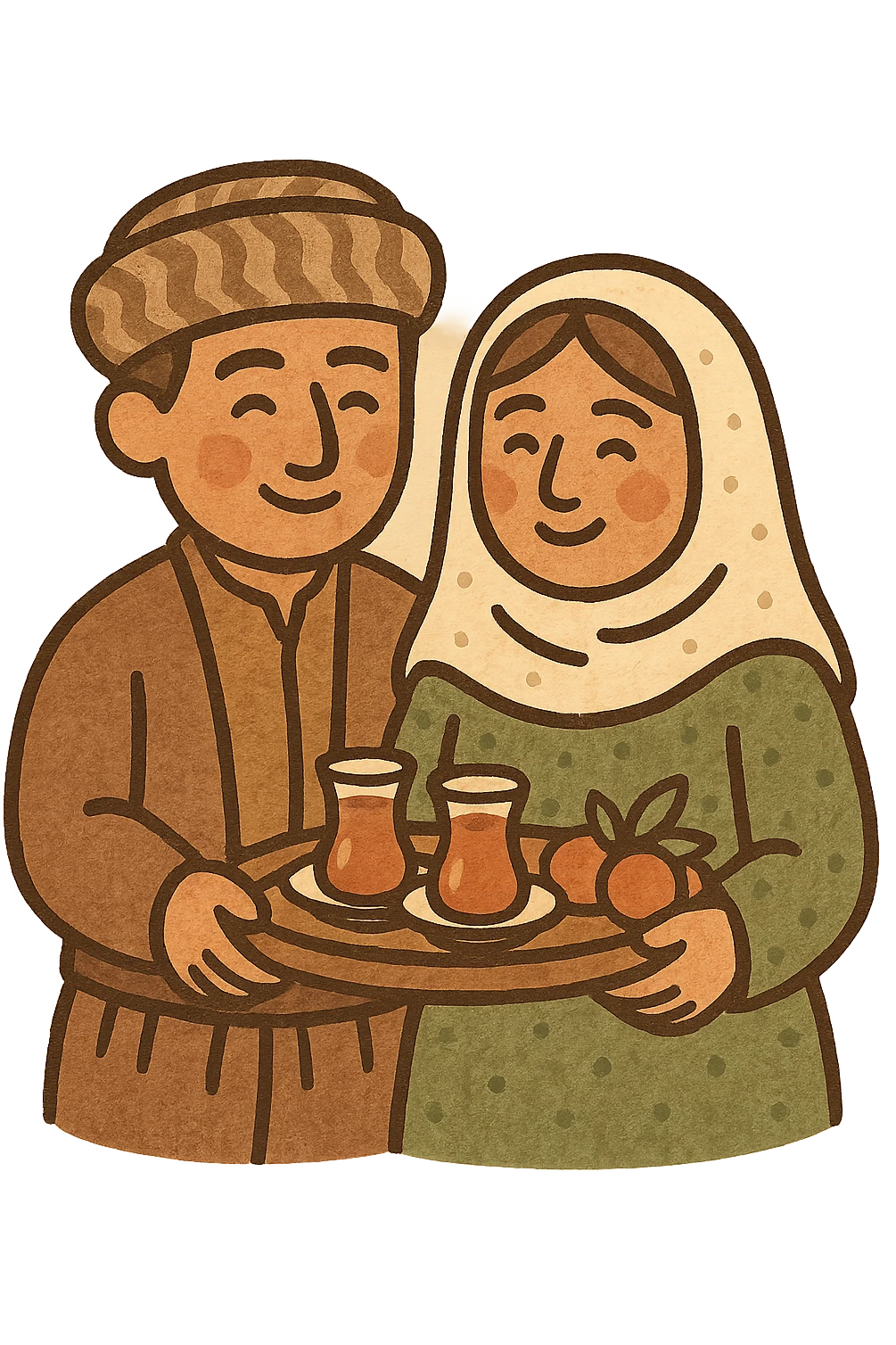Kurdish sticker, warm welcome, cartoon style, Kurdish man and woman in traditional dress, smiling, holding a tray with tea and fruit, bright colors, suitable for Instagram, Facebook, WhatsApp emoji
