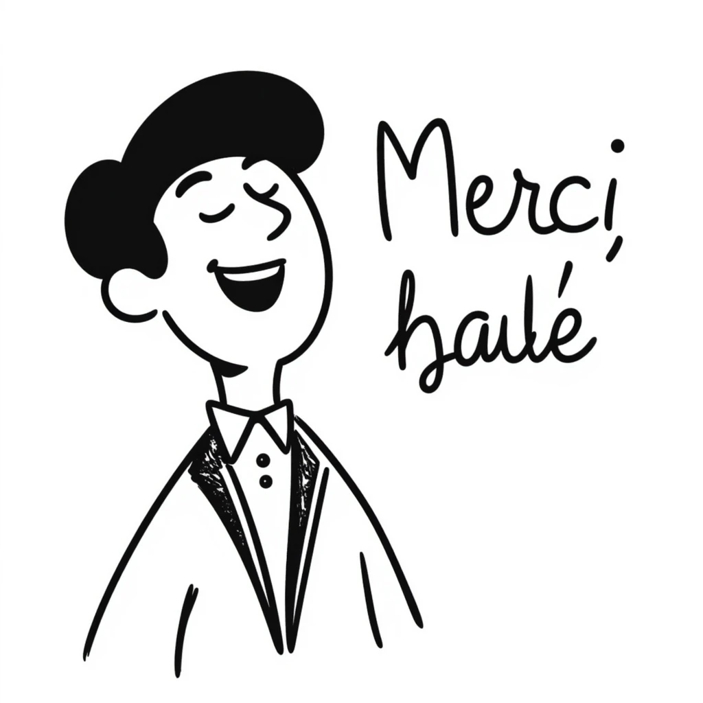 laughing man with black beret, friendly style, the word 'Merci' in playful font, text clearly visible, hand-drawn notion style emoji